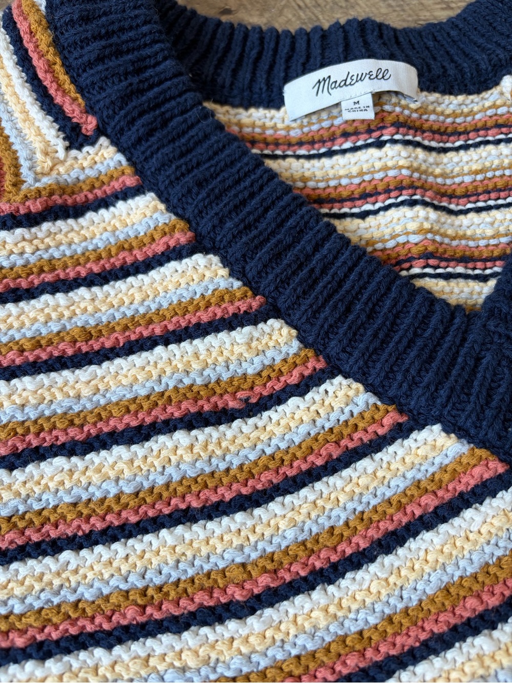 Madewell Striped V-Neck Sweater in Navy, Cream, Mustard, Rust - Picture 8 of 9